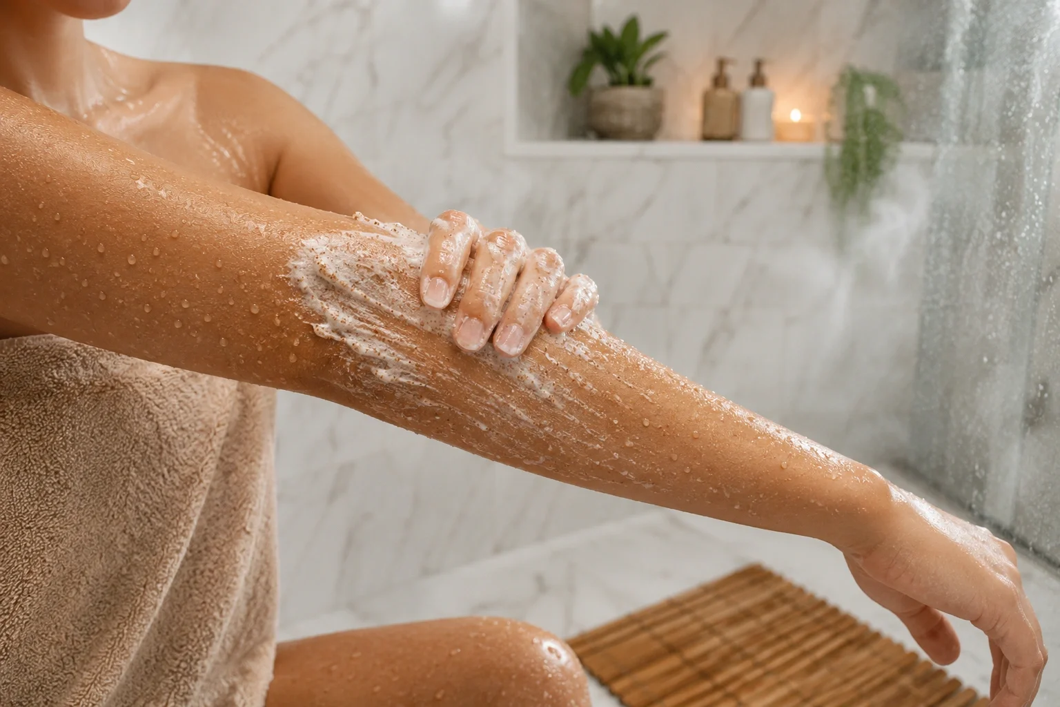 Woman using a body exfoliating scrub on her arm in the shower
