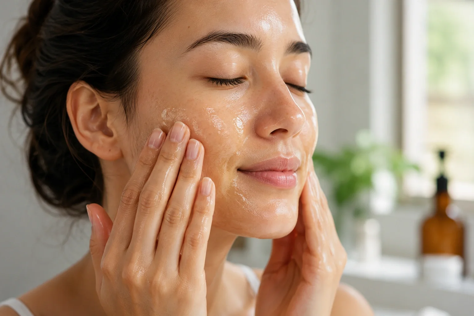 Woman applying cleansing oil on face with gentle circular motions