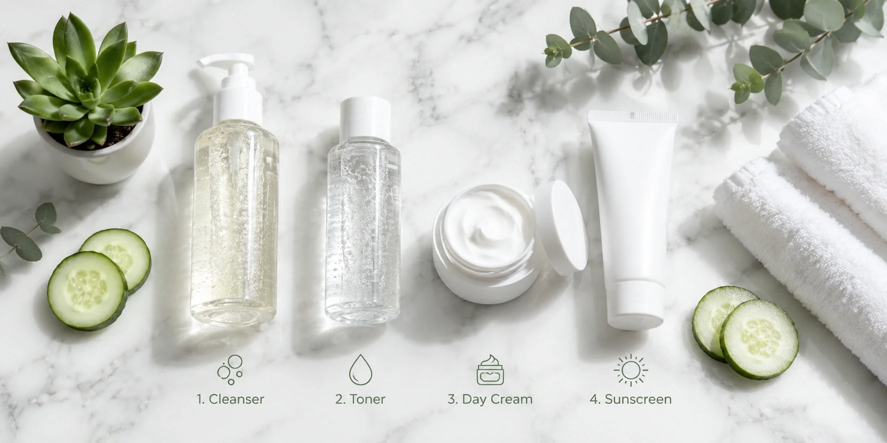 Morning skincare routine flatlay with cleanser, toner, day cream, and sunscreen on a marble surface