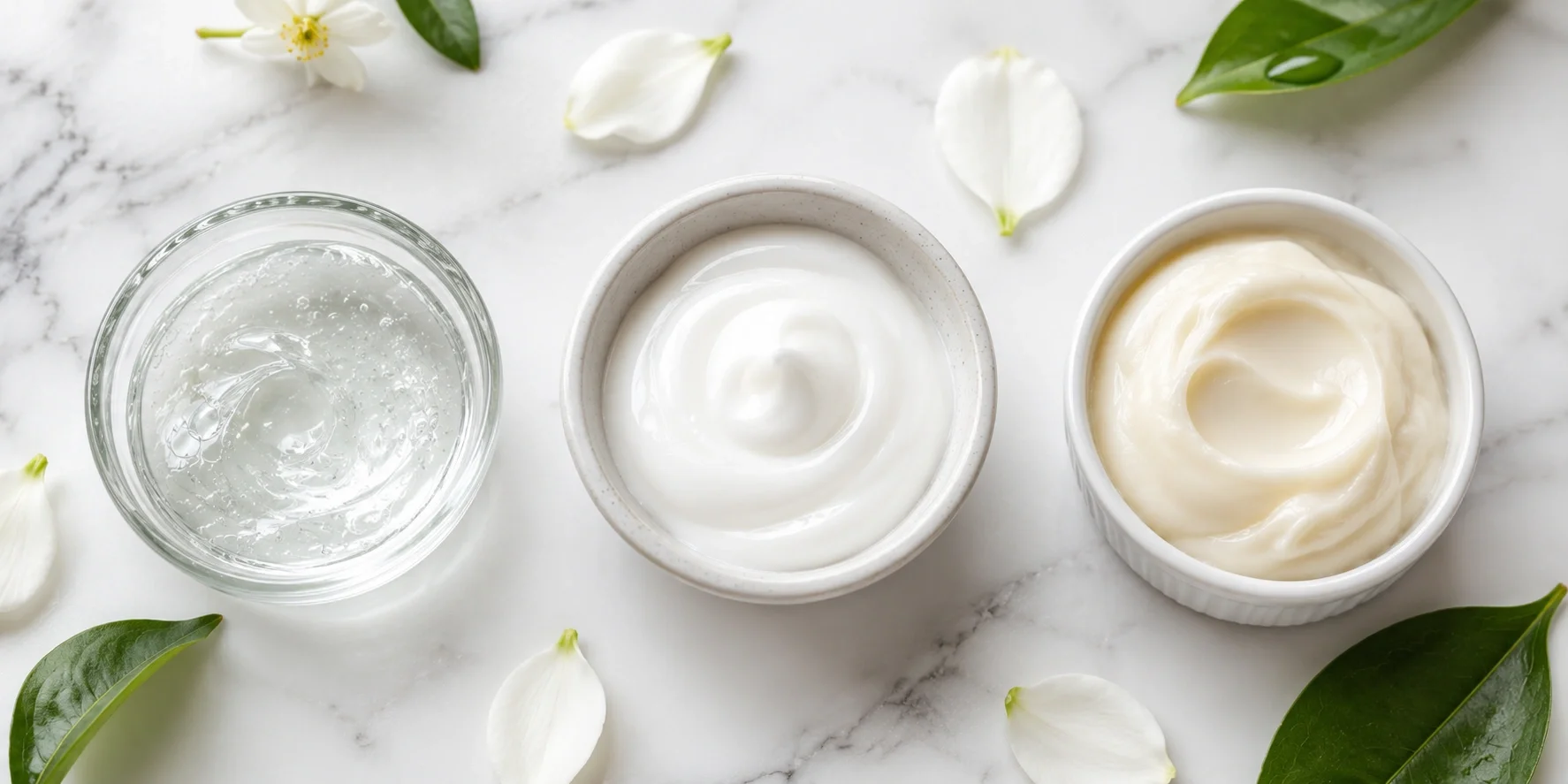 Different textures of day cream for various skin types: gel, lotion, and cream
