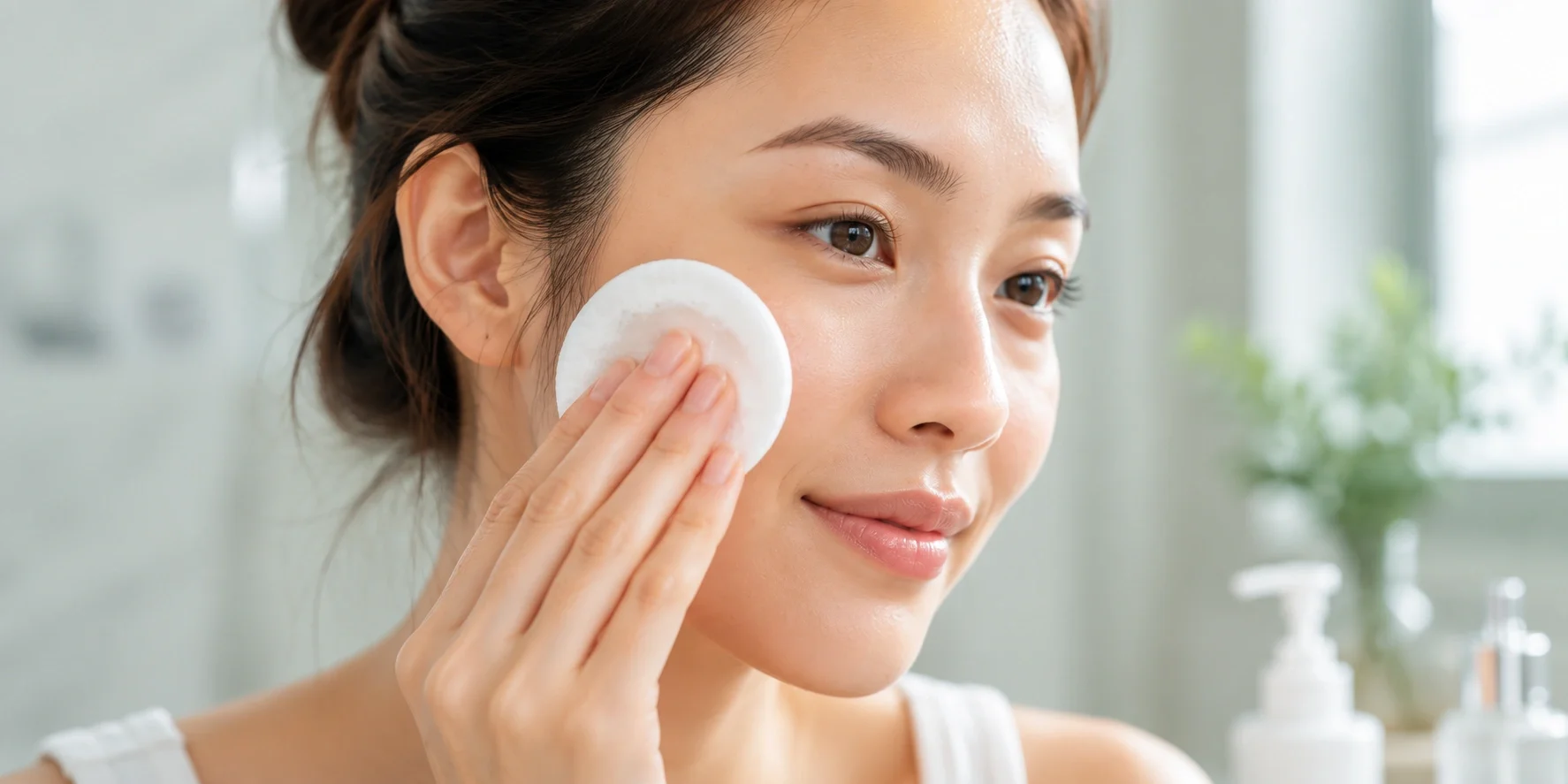 Woman applying face toner with a cotton pad