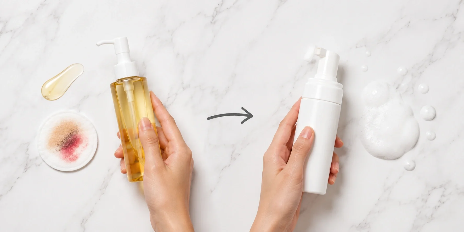 Double cleansing method with oil cleanser followed by water-based face wash