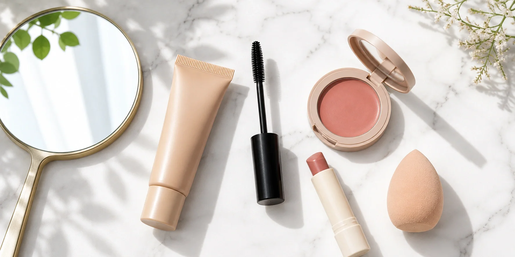 Basic makeup essentials for beginners on a table