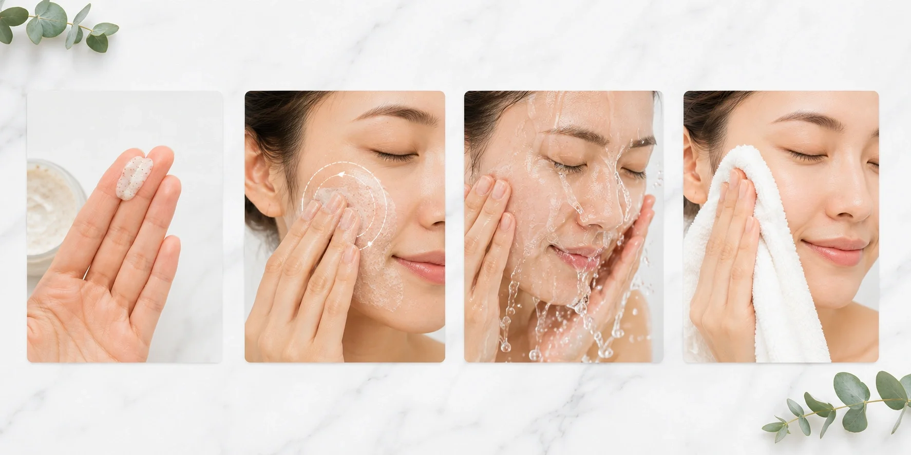 Step-by-step graphic showing how to properly apply a facial exfoliating scrub