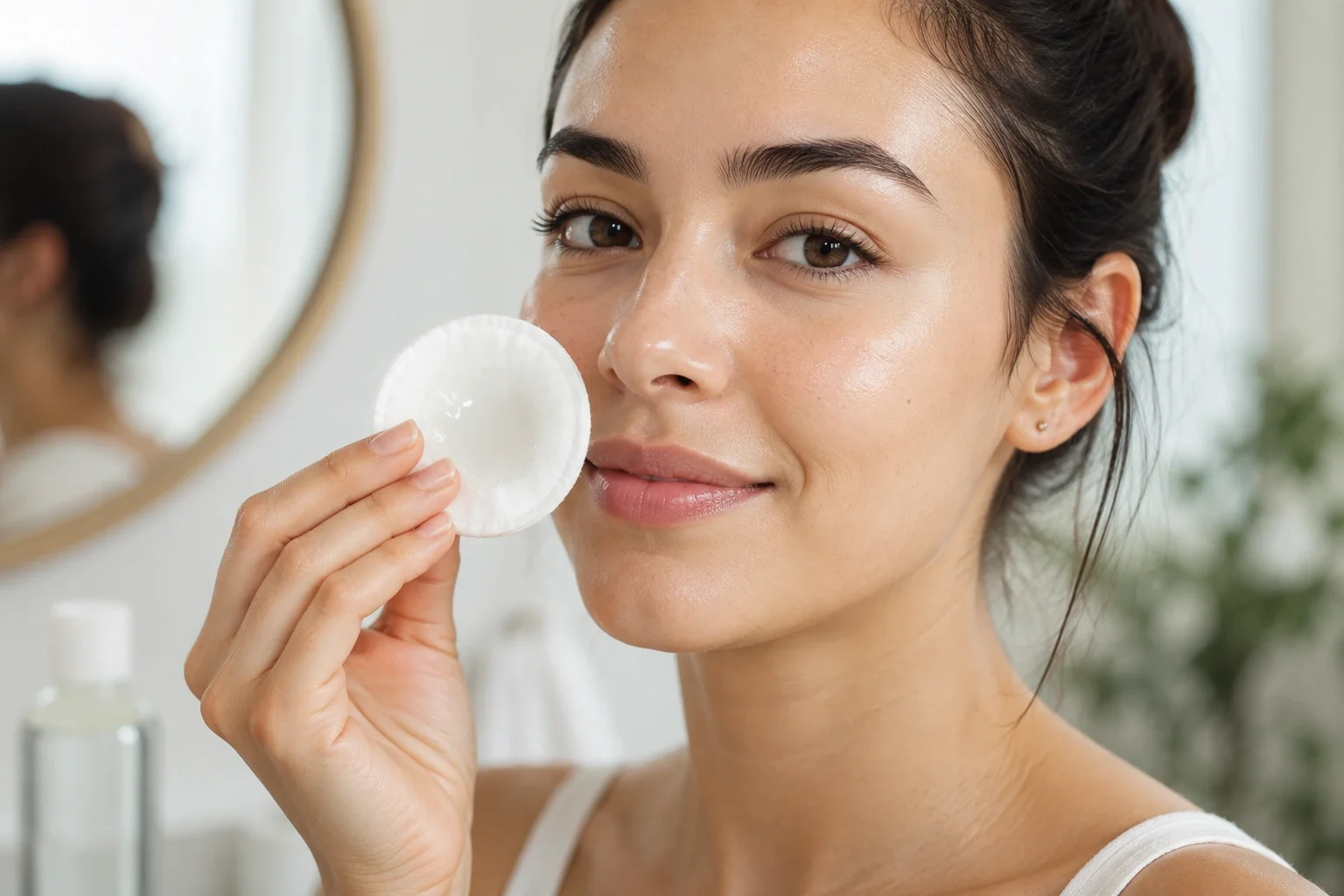 Woman using micellar water with cotton pad for gentle cleansing