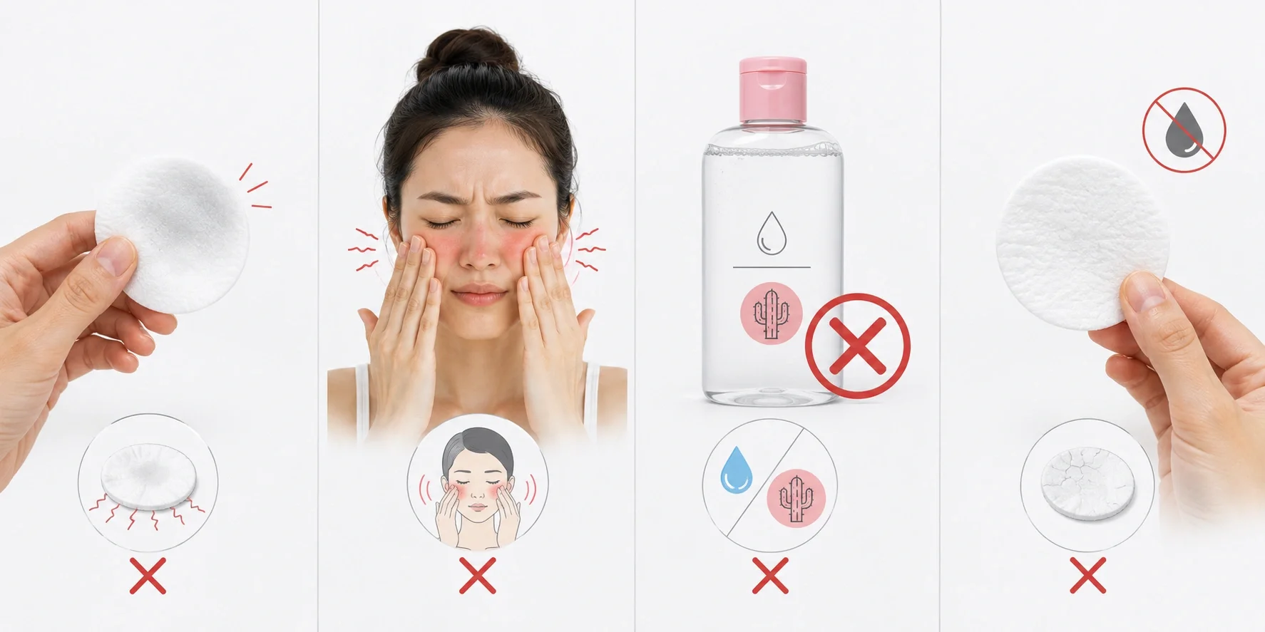 Illustration of common micellar water application mistakes