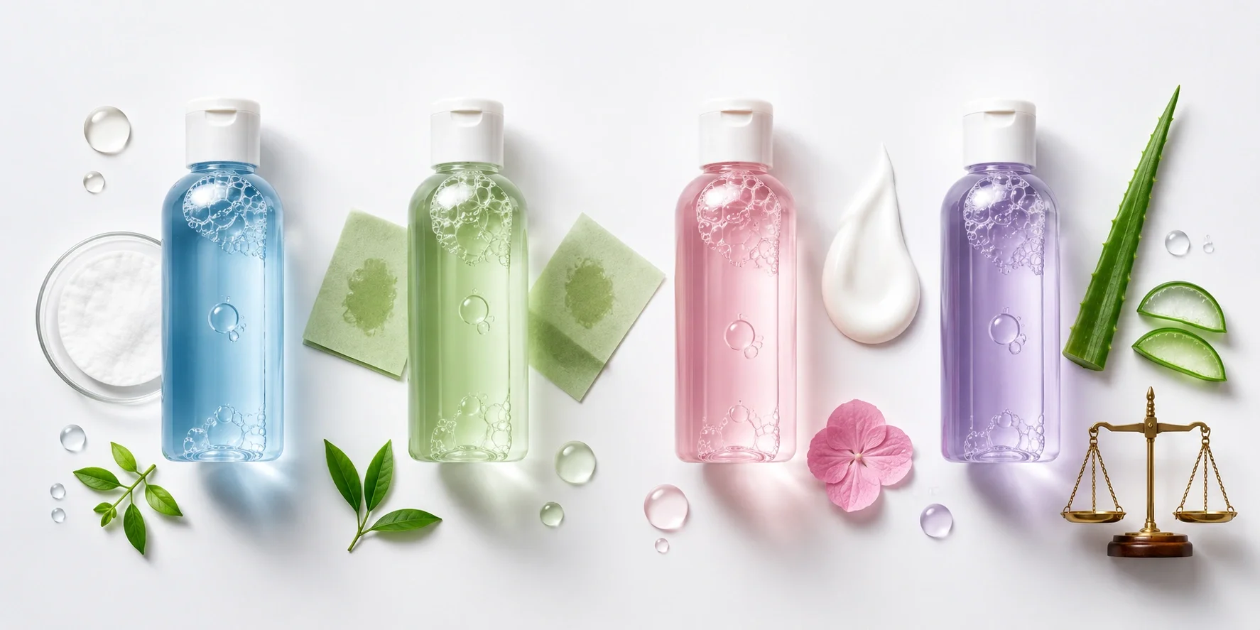 Different micellar water bottles for various skin types