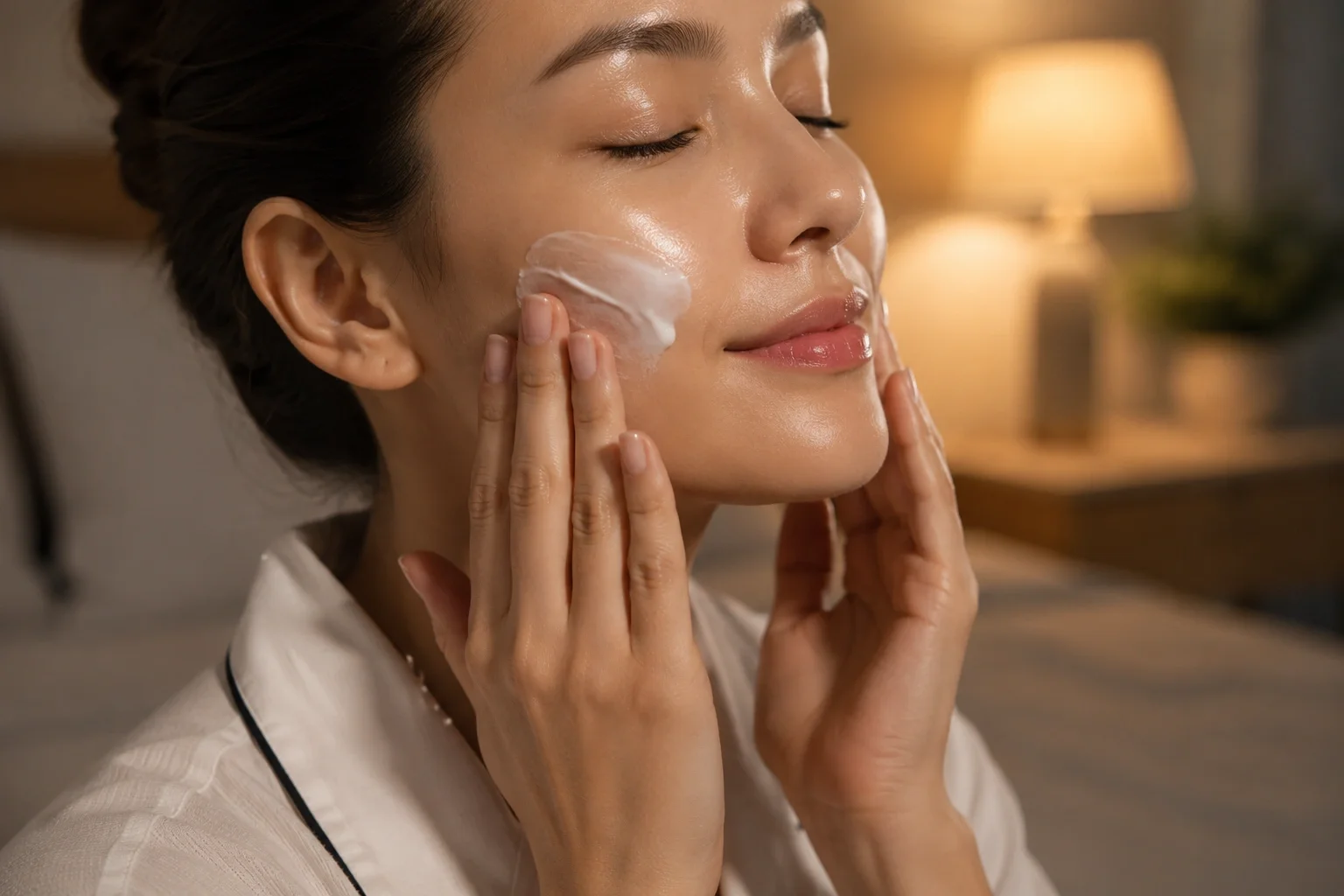 A woman gently applying night cream to her face before bed