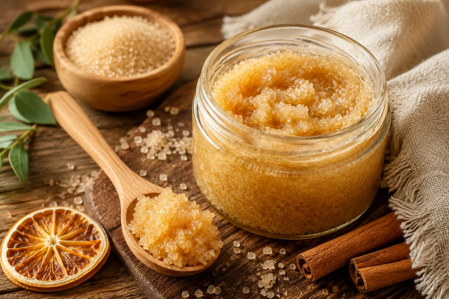 A wooden spoon scooping a natural sugar-based physical exfoliating scrub