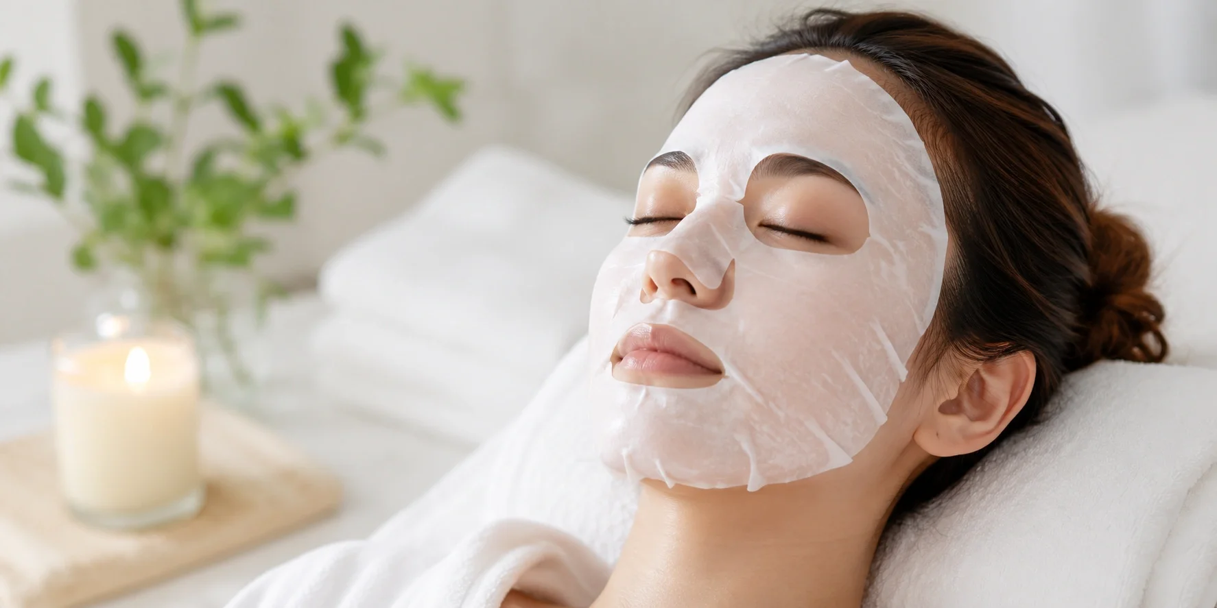 Relaxed woman applying a hydrating sheet mask