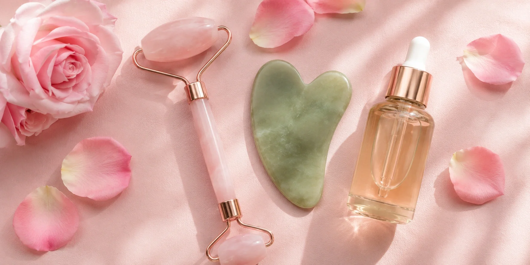 Using a rose quartz facial roller for lymphatic drainage