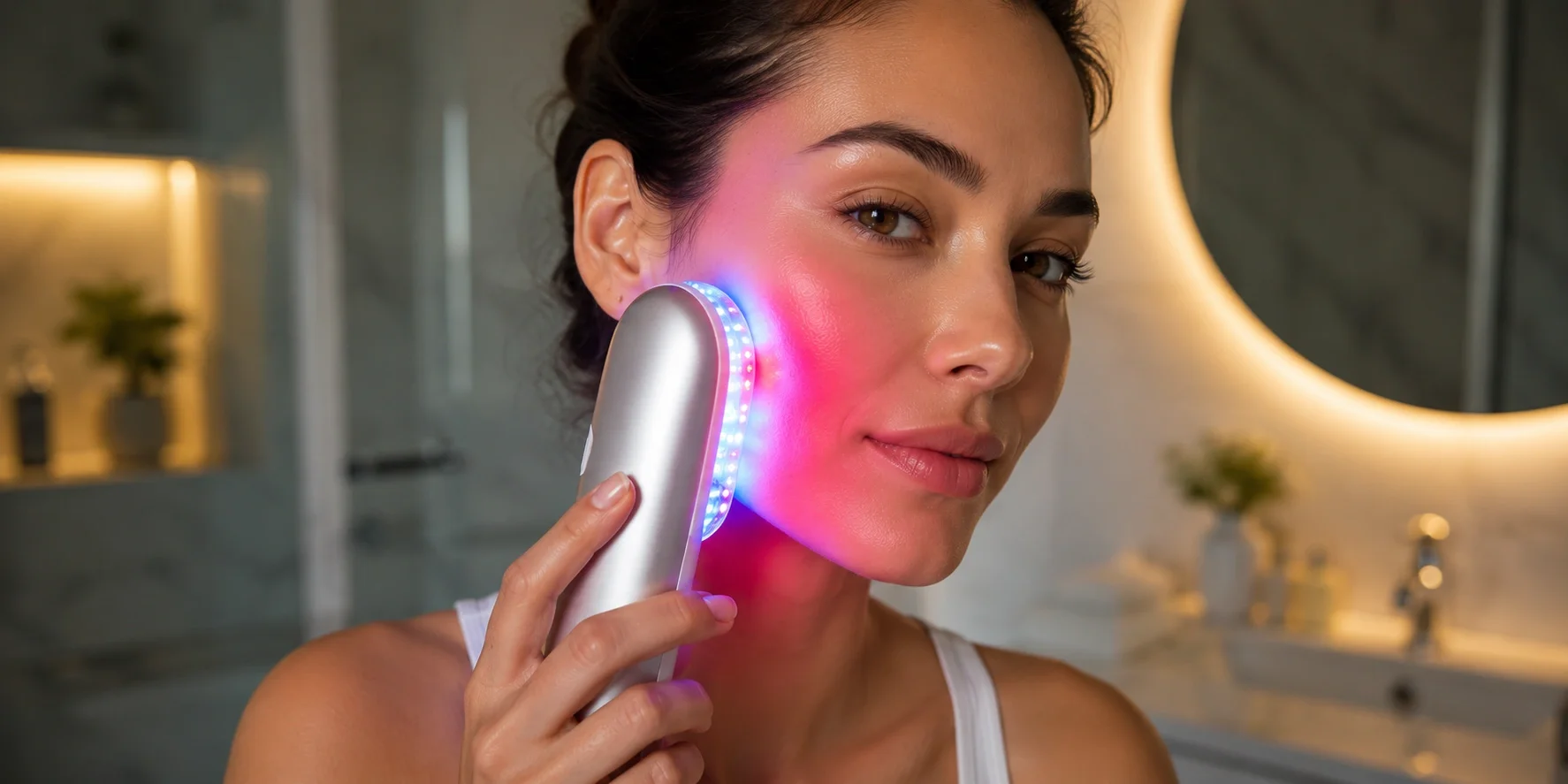 Woman using an LED light therapy device on her face