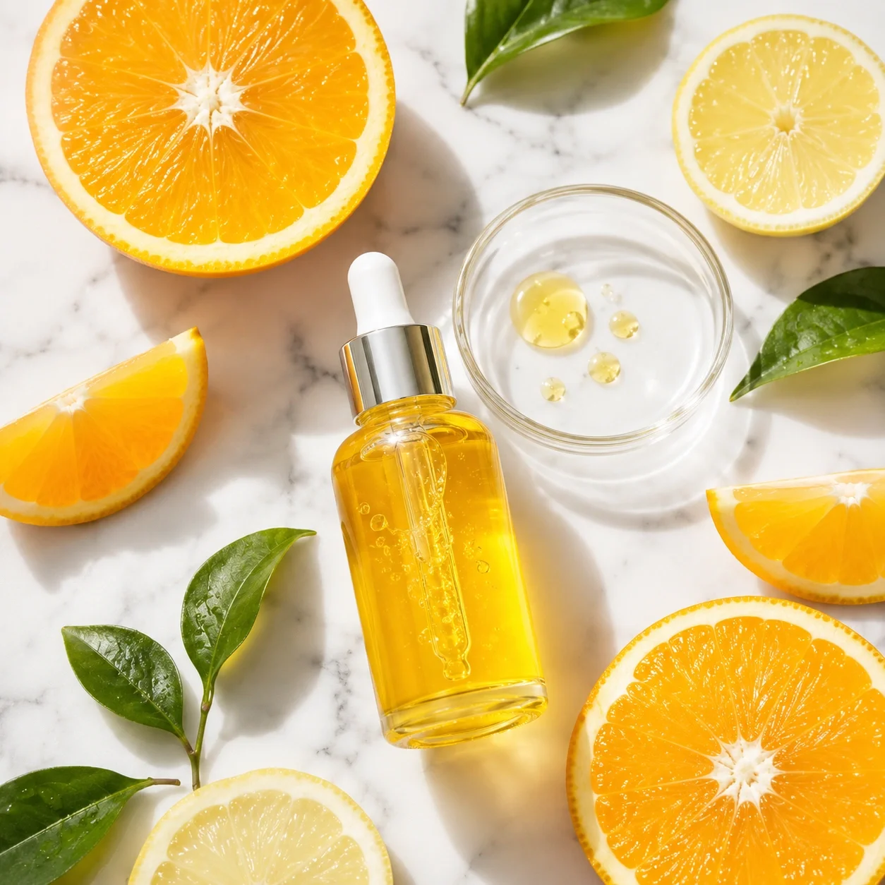 Glass bottle of Vitamin C serum with fresh citrus slices