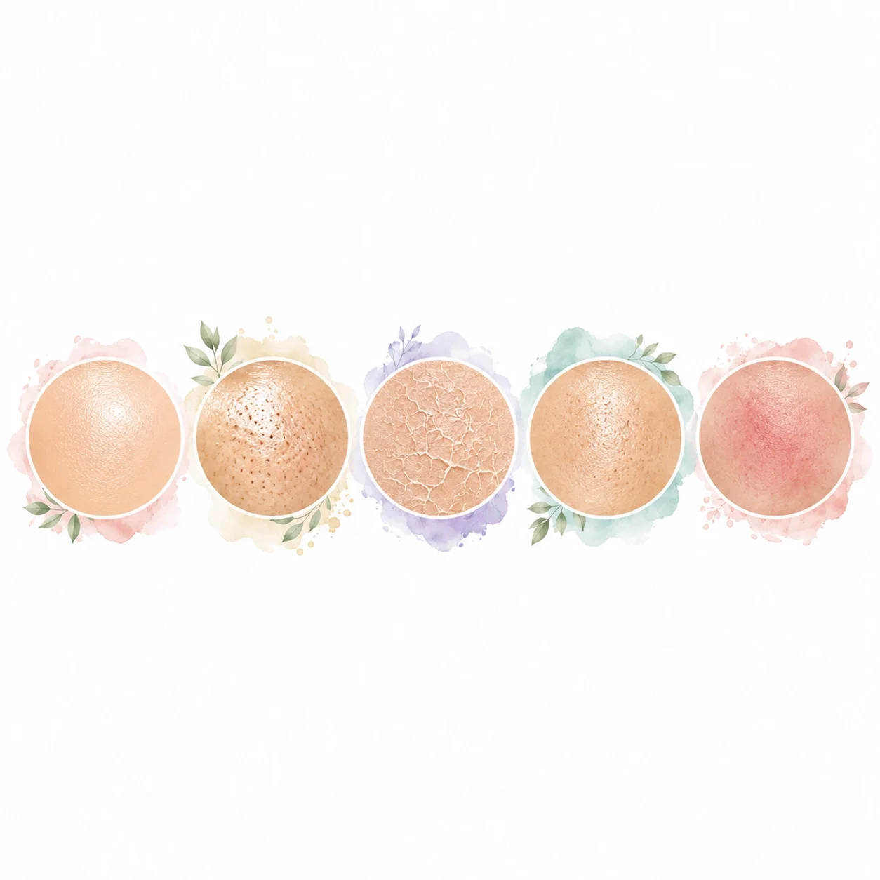 Illustration of different skin types: dry, oily, combination, normal, sensitive