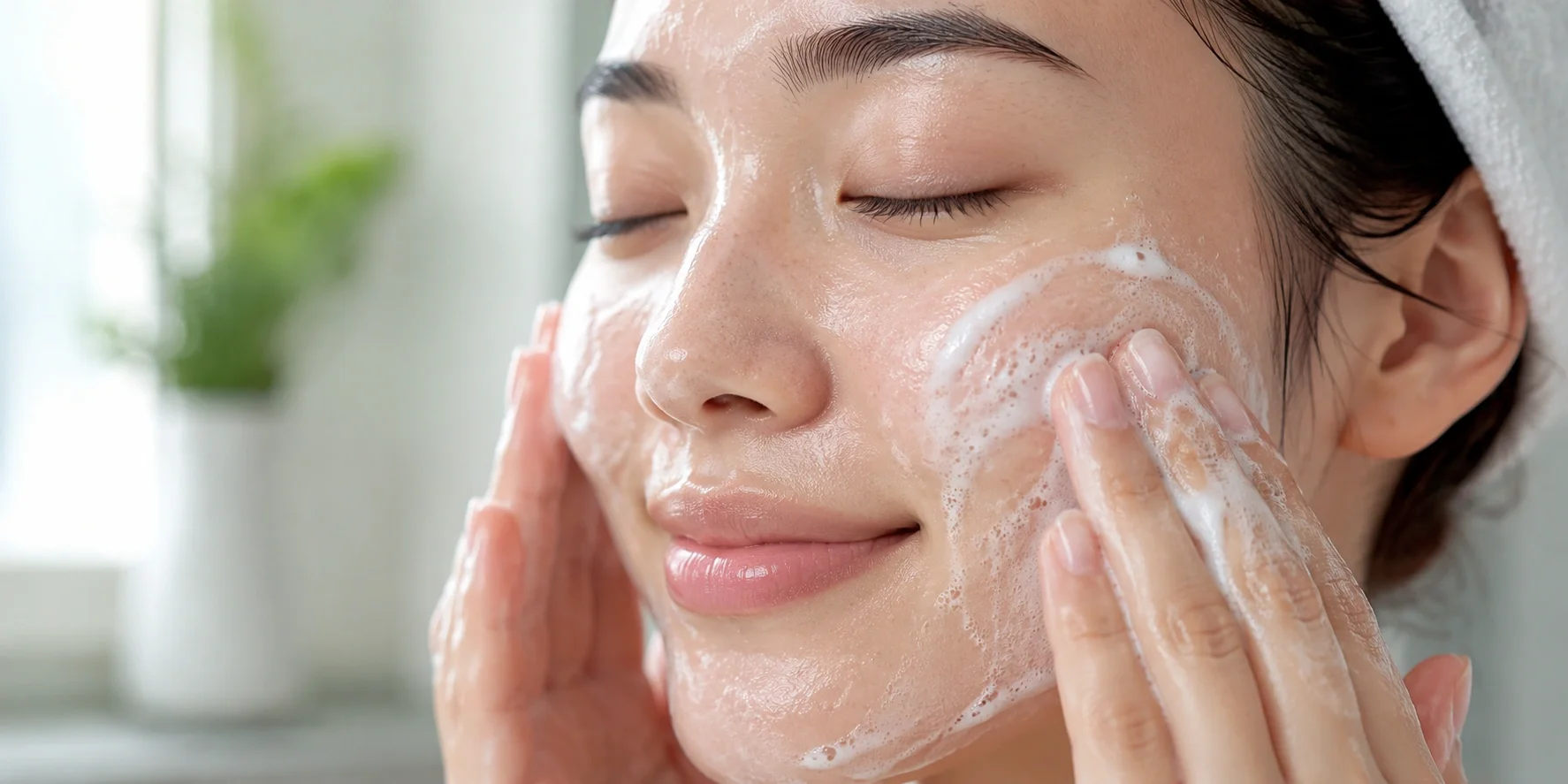 Woman washing face with a gentle foaming cleanser