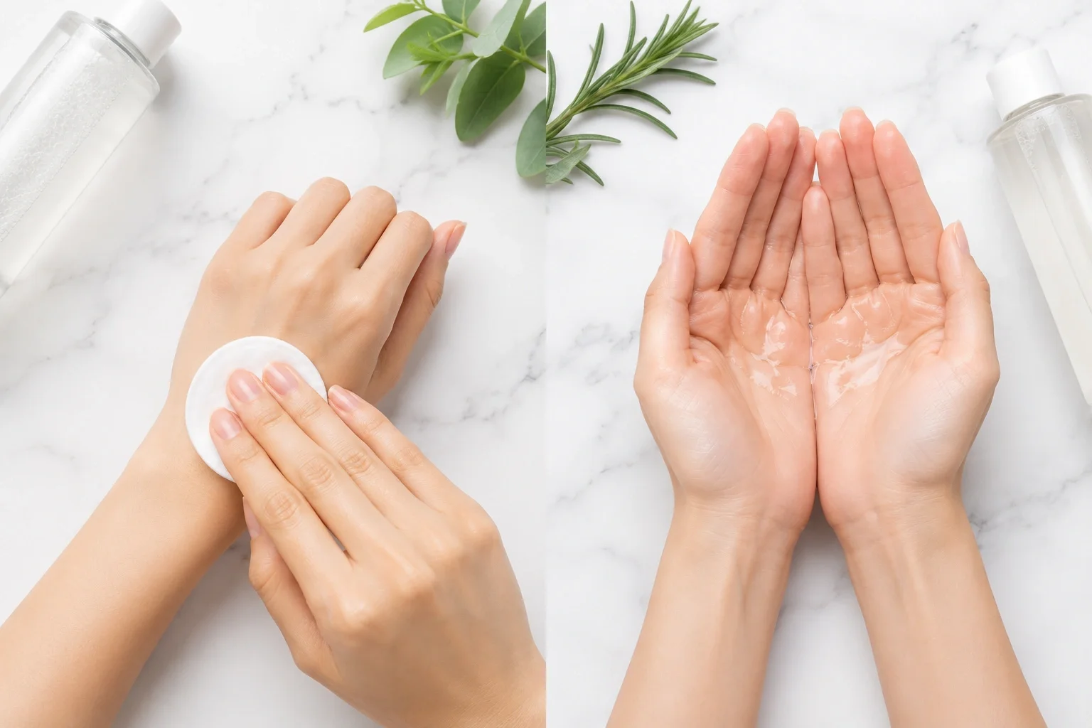 Two ways to apply toner: with cotton pad and with bare hands
