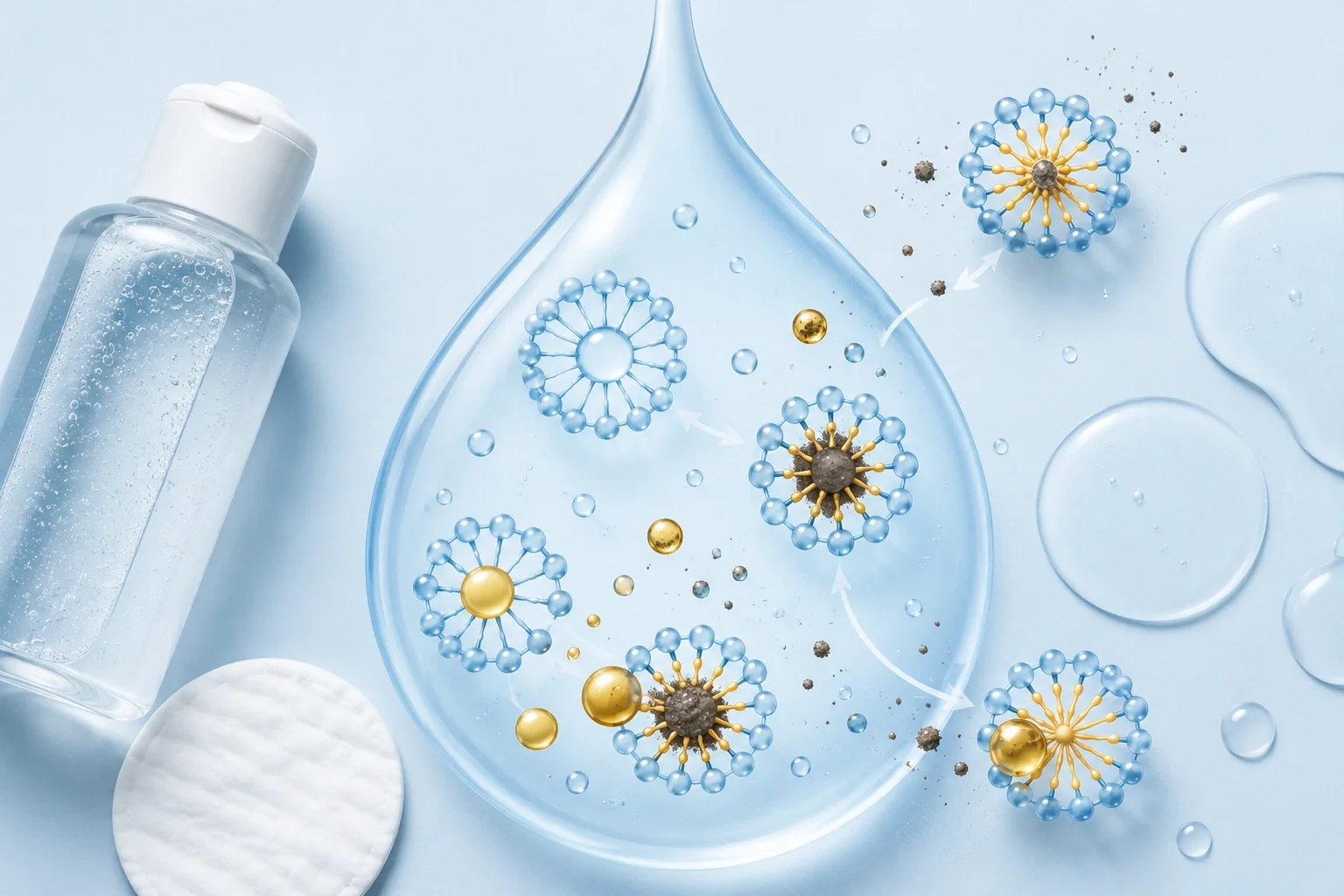 Illustration showing micelles attracting dirt and oil from skin