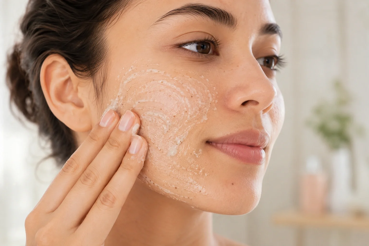 A woman gently applying an exfoliating scrub on her face in circular motions